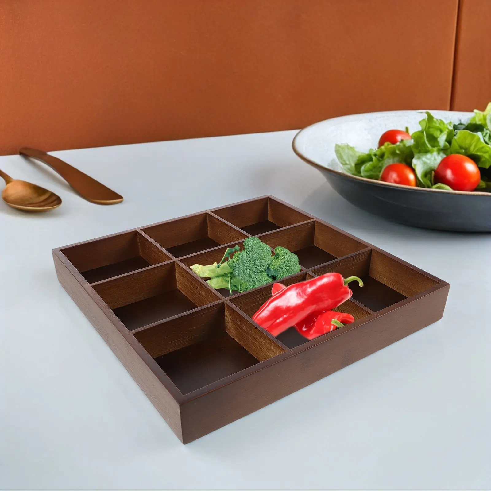 9-Compartments Bamboo Divided Serving Tray Material Sectioned Snack Vegetable Plate Party Appetizer Bamboo Food Trays
