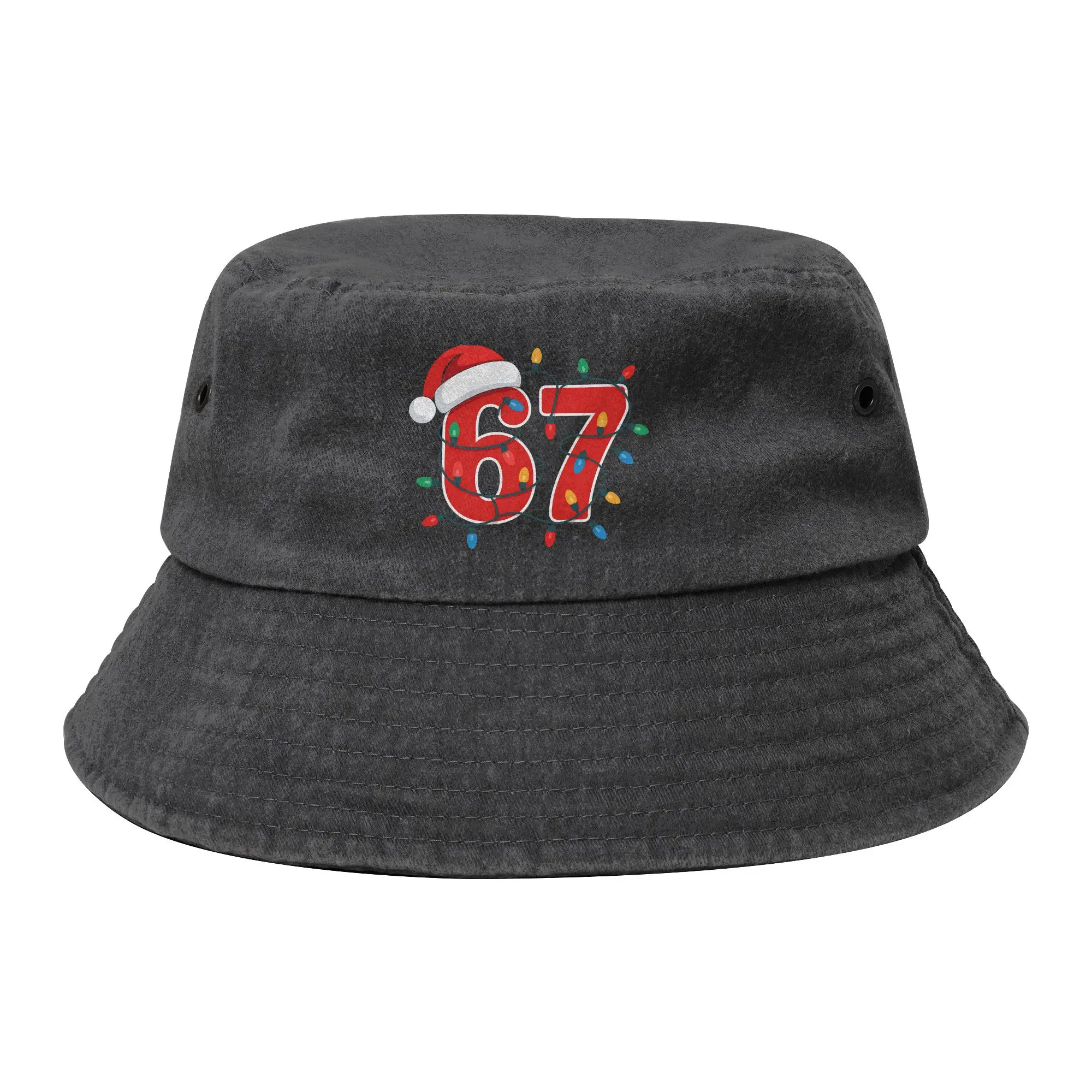 Christmas Number 67 Xmas Lights Santa Bucket Hat Woman Sport Six Seven Distressed Denim Washed Fisherman Hats Summer Boonie Hat