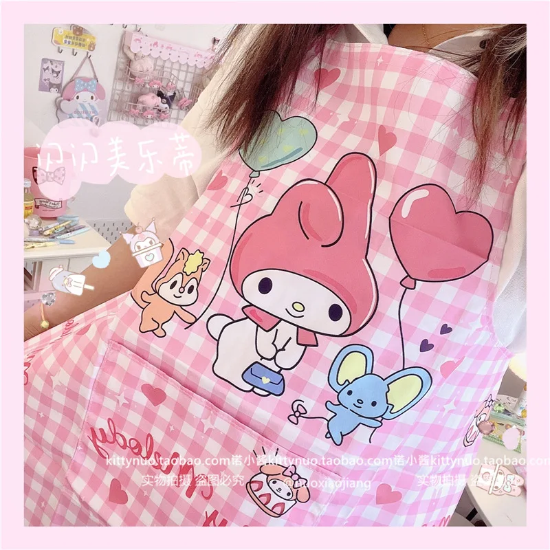 Cute Plaid Sanrio Kuromi Cinnamoroll My Melody Apron Home Kitchen Household Anti Dirt Apron Big Girl Woman Apron