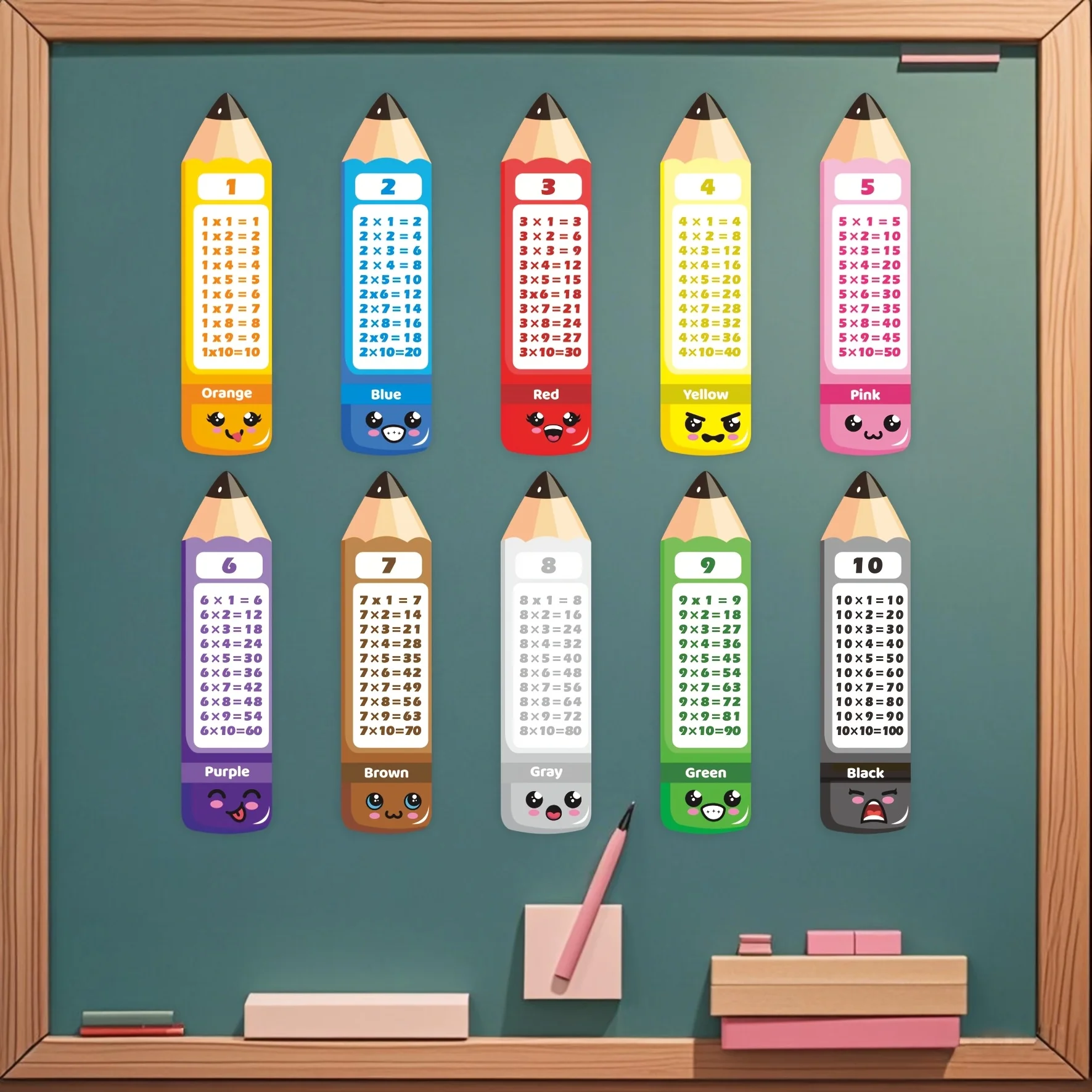 10 Color Pencil Shaped Magnetic Multiplication Mnemonic Word Card, 1 * 10 To 10 * 10 Multiplication Mnemonic Learning Se