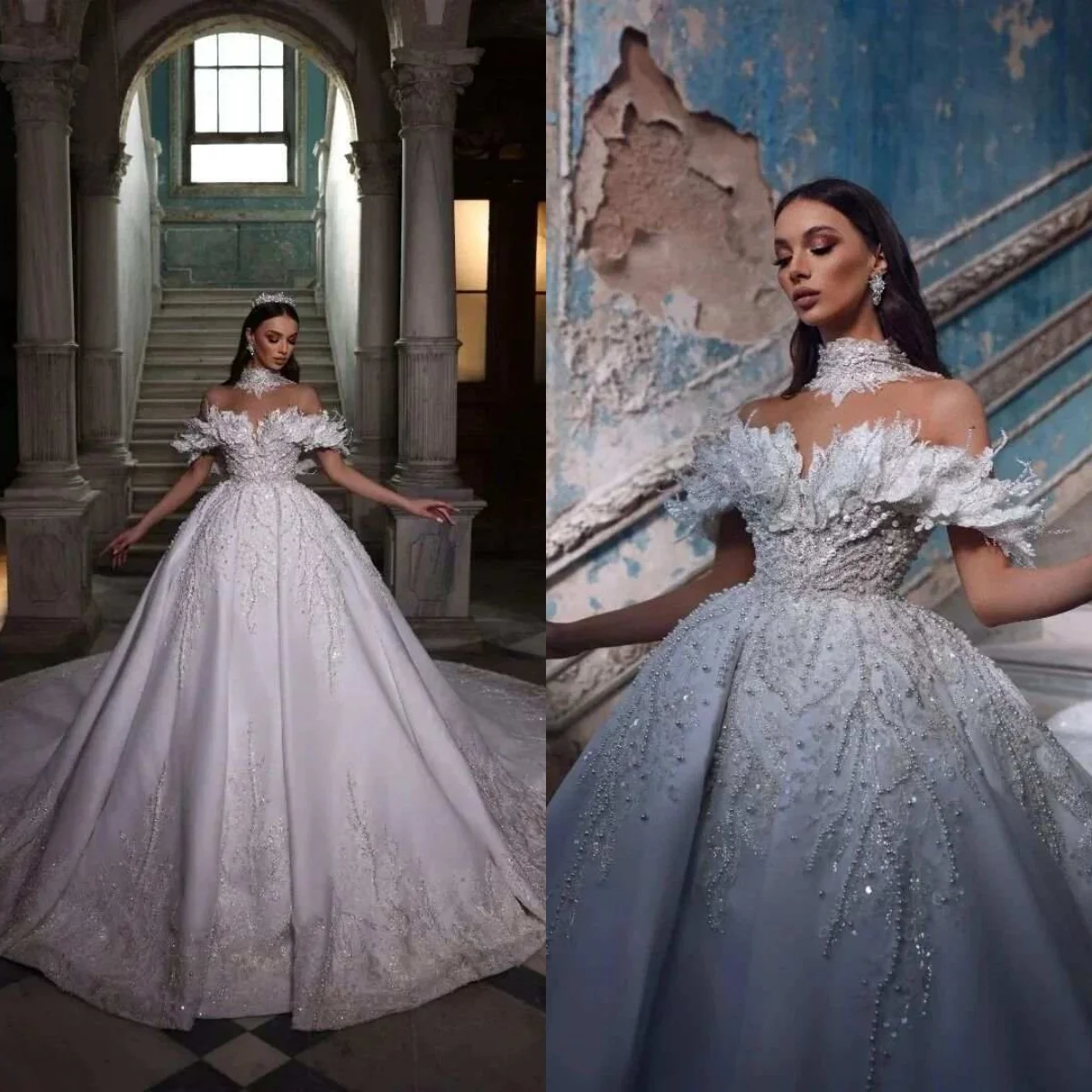 

Luxury Ball Gown Sequins Beaded Pearls Off Shoulder Wedding Dress Customized Sleeveless Long Sweep Train Bridal Dresses