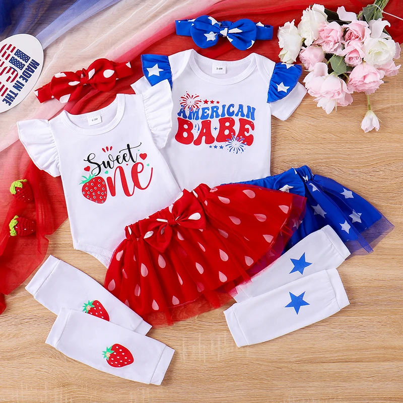 

Suefunskry Baby Girl 4th of July Outfit, Letter Print Short Sleeve Romper Mesh Skirt Bow Headband Leg Sleeves Infant Summer Set