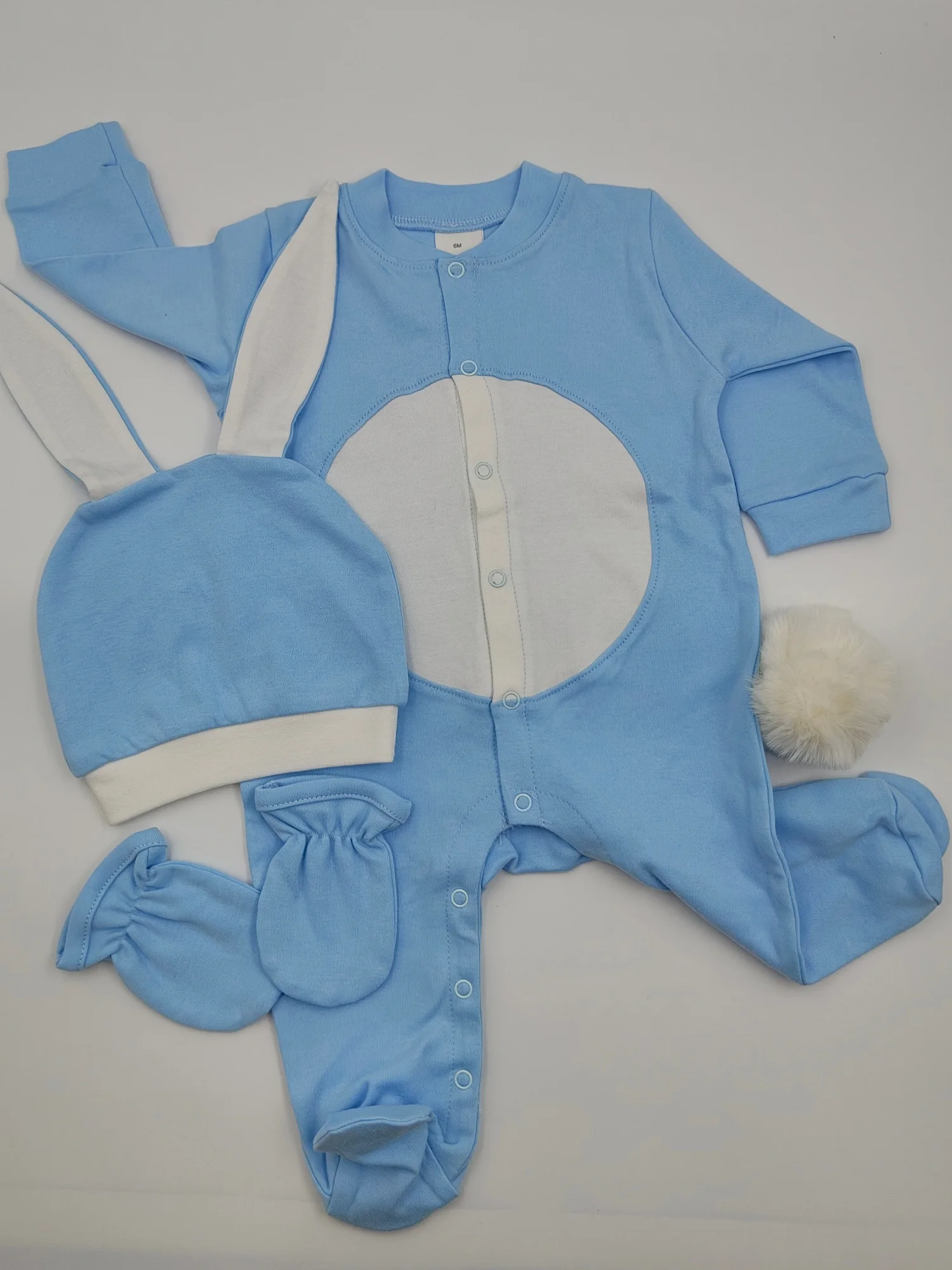 Newborn Bunny Costume Romper Set, 3PCS Infant Footed Jumpsuit with Hat, Mittens & Tail, Ideal for Baby Boys Photoshoot,