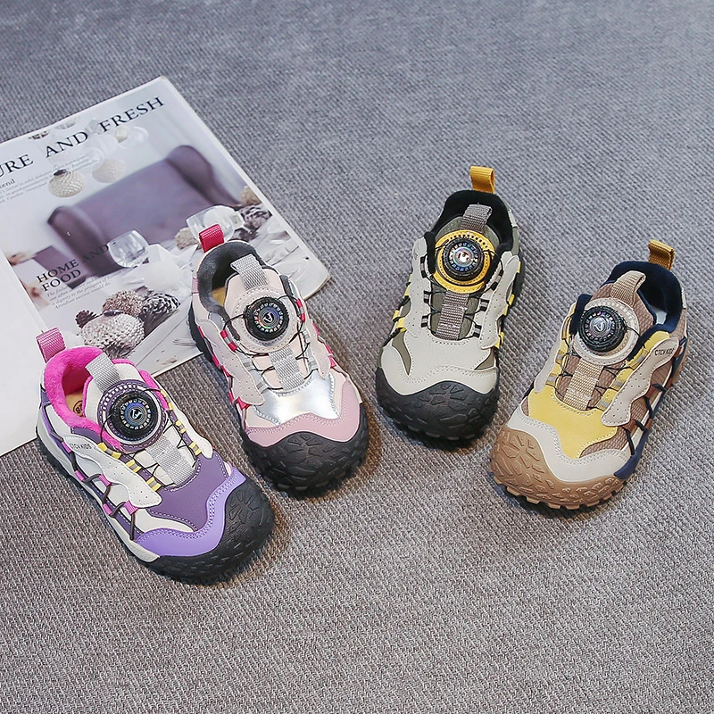 Boys Girls Sneakers Suede Warm Children Sports Shoes Rotating Button 2026 Winter New Kids Casual Shoes Non-slip Trendy