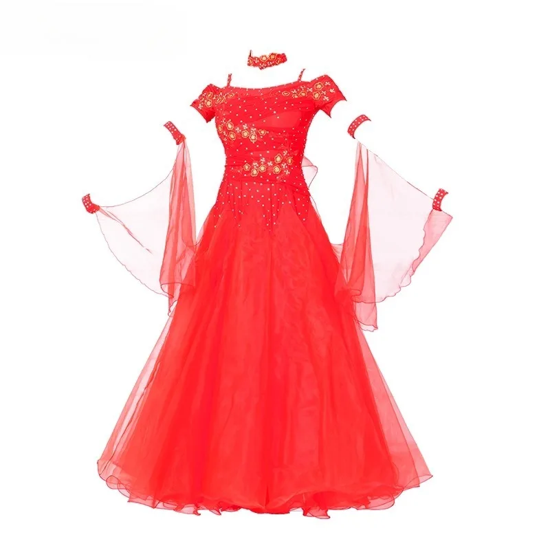 Abito da ballo moderno a maniche corte ricamato standard nazionale personalizzato Abito da valzer Gonna da ballo grande altalena