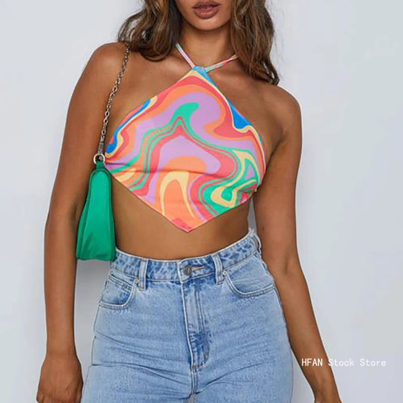 Women's Camisole Sleeveless Backless Strappy Abstract Fashion Charming Print Irregular Hem Summer Tops for Party Club