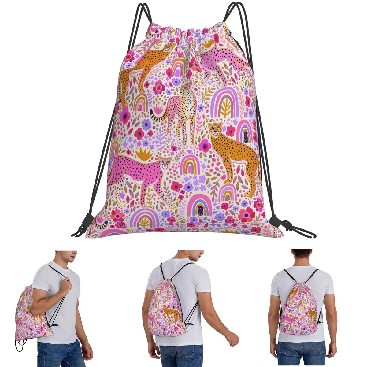 

Cheetah's In A Rainbow Backpacks Casual Drawstring Bags Sundries Bag Book Bags for Travel Students