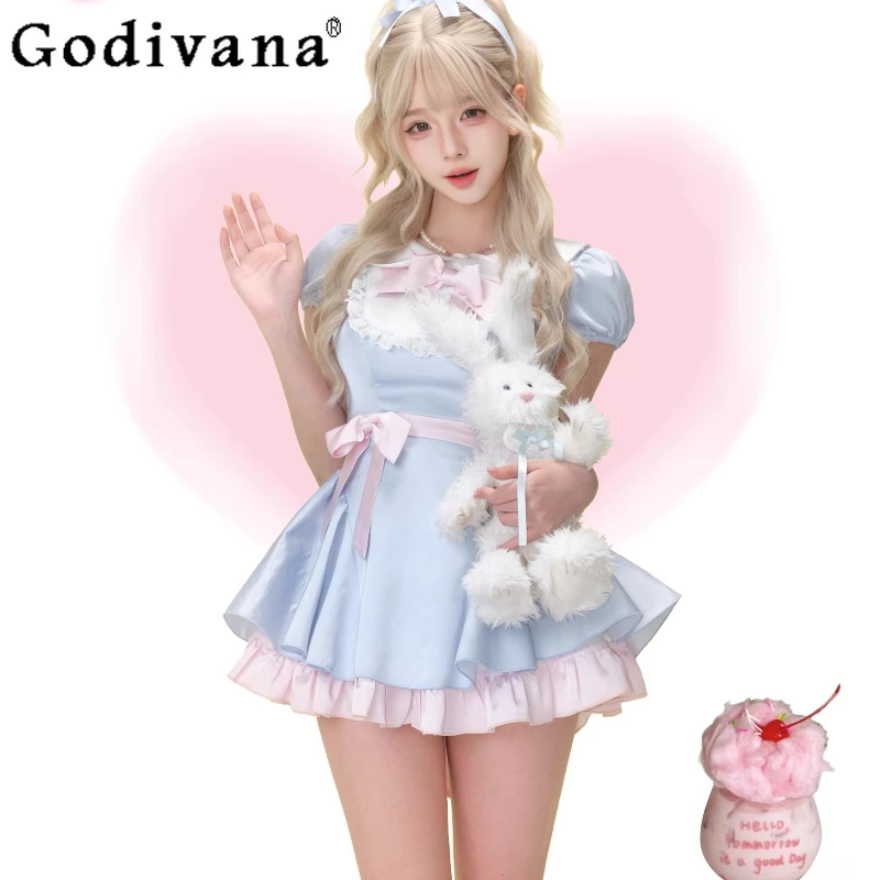 女性用ブルーのリボン付きワンピース、ハイウエストロリータスイートドレス、夏の女の子向け和風キュートなドレス、ホワイトバブルショーツセット