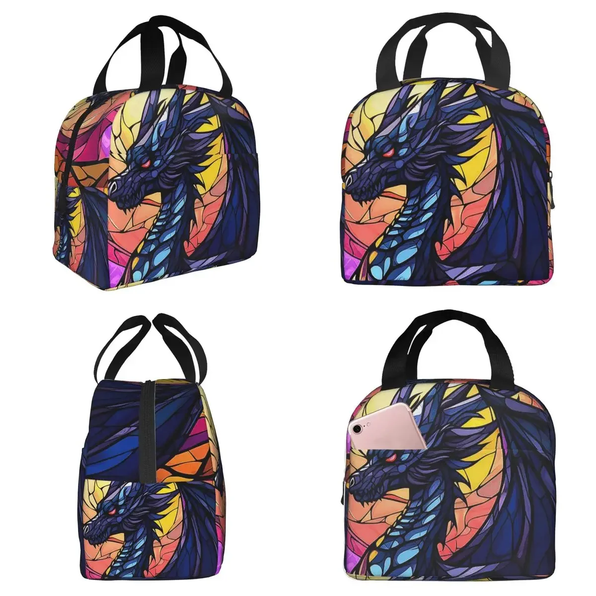 Glass Purple Dragon Pattern Insulated Lunch Bag for Kids School Cooler Thermal Food Box Tote Portable Lunch Boxes Container
