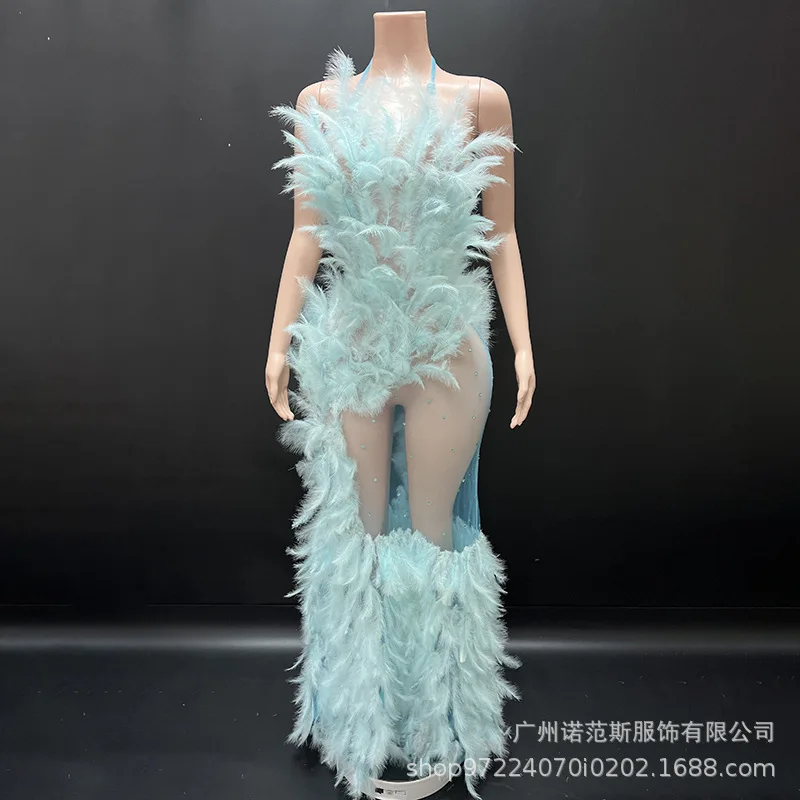 مزاجه المتخصصة الضوء الأزرق الجنية الفاخرة فستان من الريش المغني الأعمال موضة الغناء الملابس فستان حفلة عيد ميلاد من أي وقت مضى جميلة