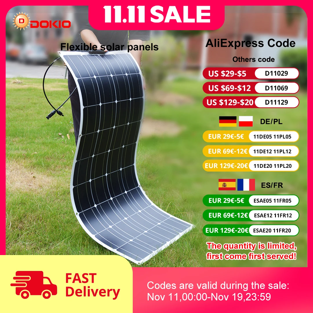 DOKIO 18V 100W/200W/400W Flexible Solar Panels Waterproof Monocrystalline Solar Panel Camping RV Home Charge 12V