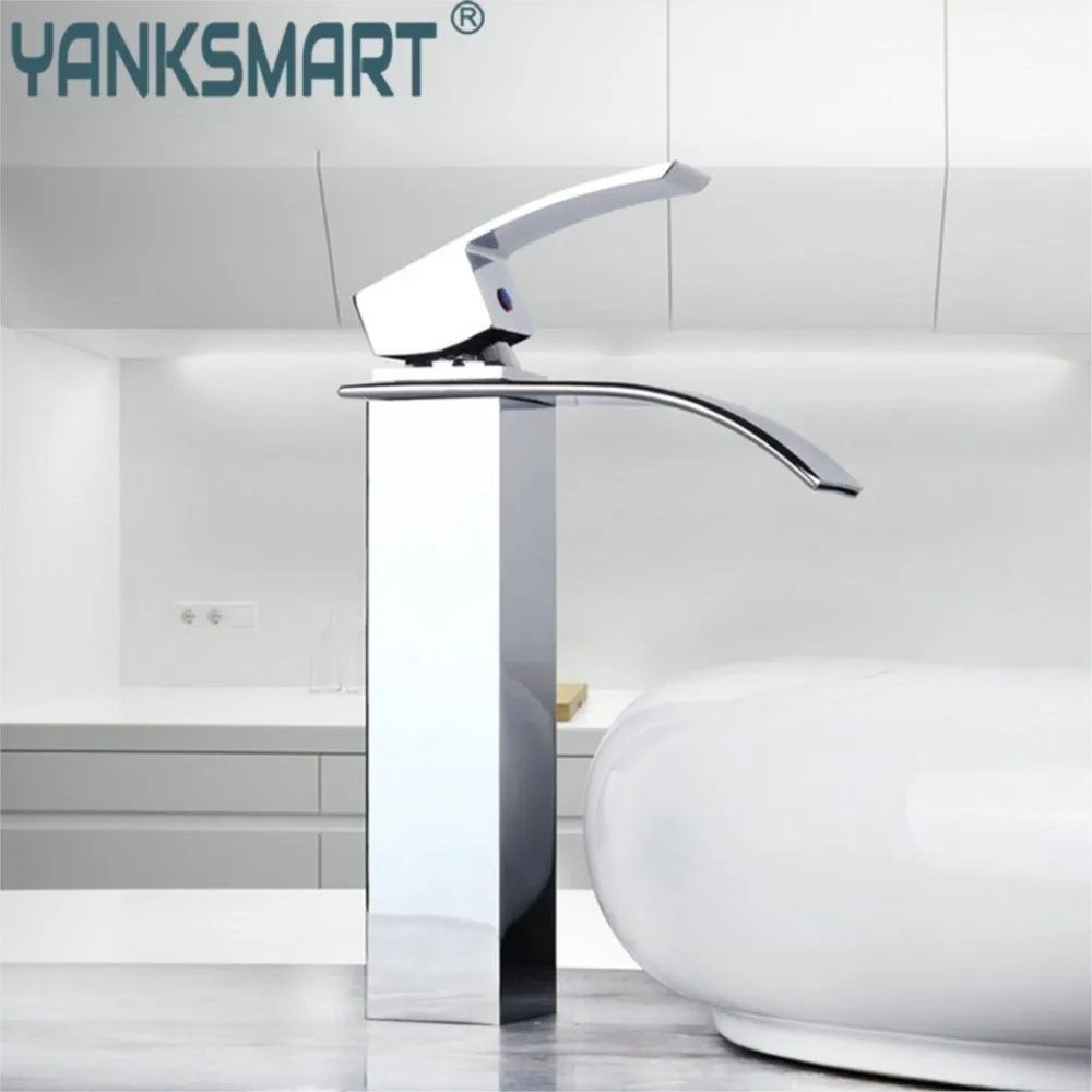 

YANKSMART Chrome Polished Bathroom Faucet Waterfall Deck Mounted Basin Sink Torneira Washbasin Mixer Water Tap Banheiro Faucets