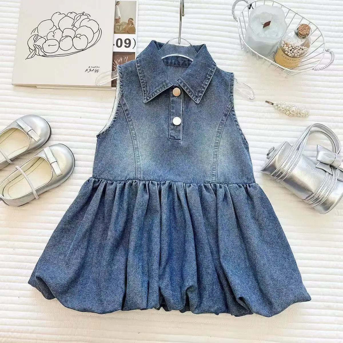 

Summer Korean Girls Sleeveless Denim Dress Classic Shirt Collar Casual Kids Fashion Dress for 90-150cm