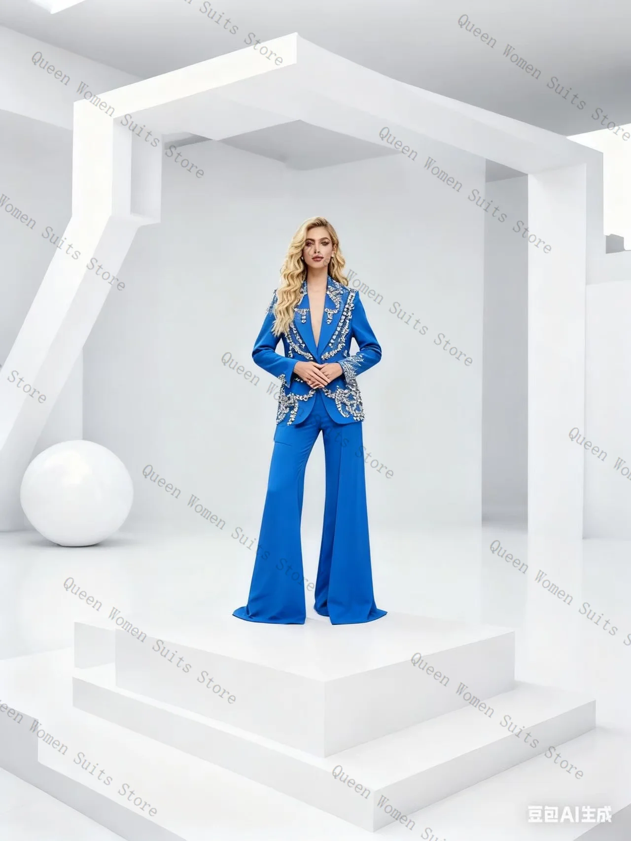 

Crystals Silver Women Suit Set 2 Pcs Blazer+Pants Trousers Long Sleeves Cotton Formal Office Lady Jacket Wedding Coat Customized