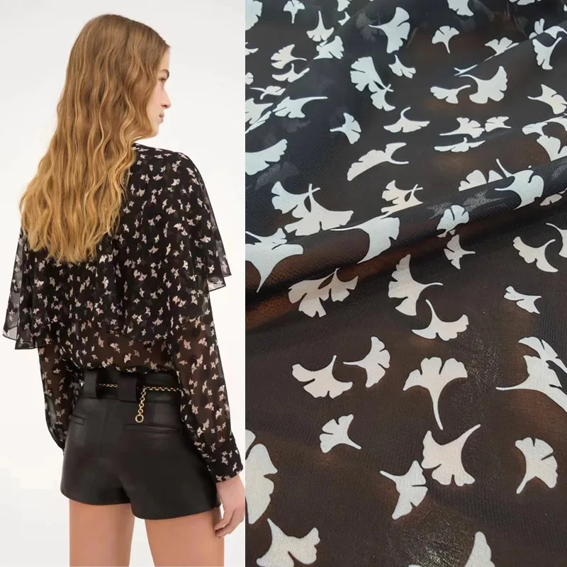 European And American Black and White Ginkgo Biloba Leaves Printed Velvet Chiffon Fabric For Women's Dress Blouse DIY Clth Sew