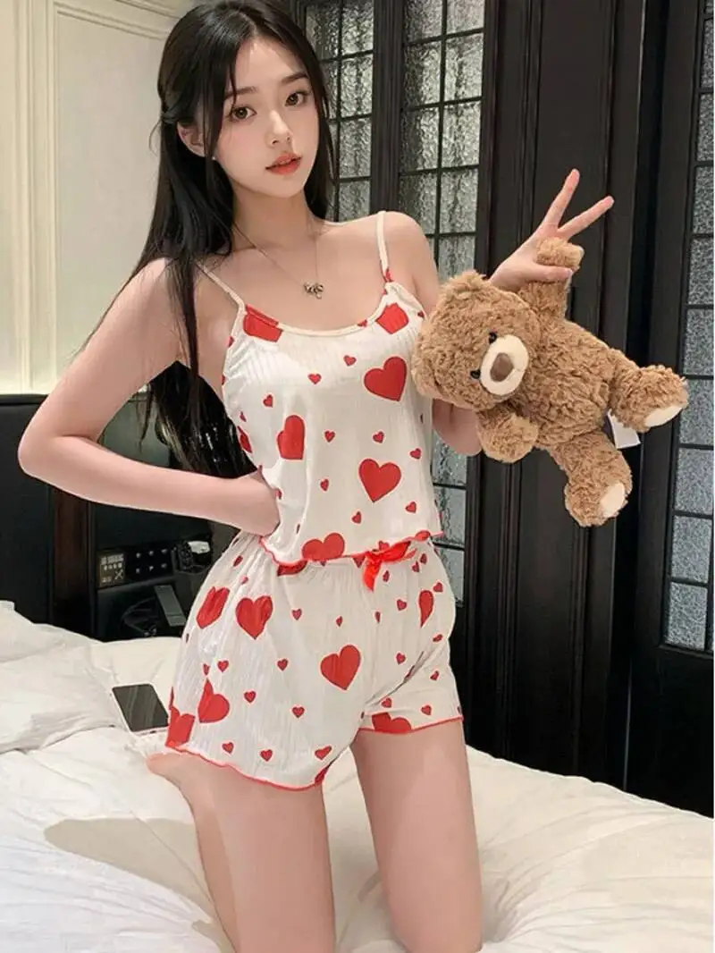

Лидер продаж вишневого цвета, домашняя одежда, шорты-бретельки с принтом сердца, повседневный носимый женский пижамный комплект, комплект с шортами, милые топы 4F7Q