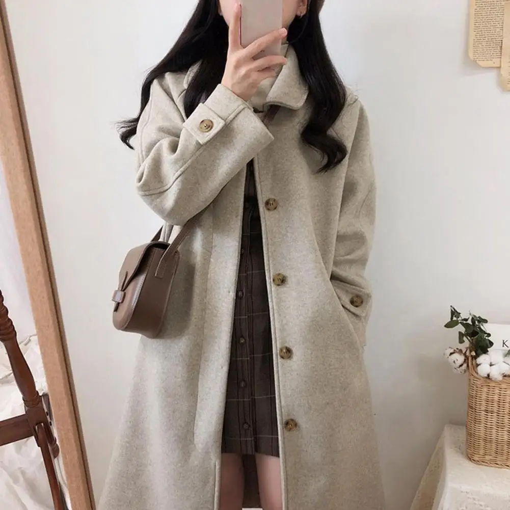 Women Winter Overcoat Women's Mid-length Solid Color Overcoat with Turn-down Collar Single-breasted Design Warm Thick for Fall