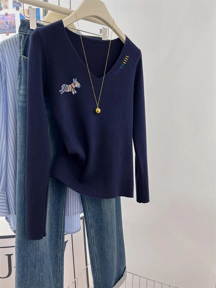 

Faionable V-Ne вязаный топ, женский базовый слой, свитер с принтом, осень-зима, корейский свободный крой, длинный све