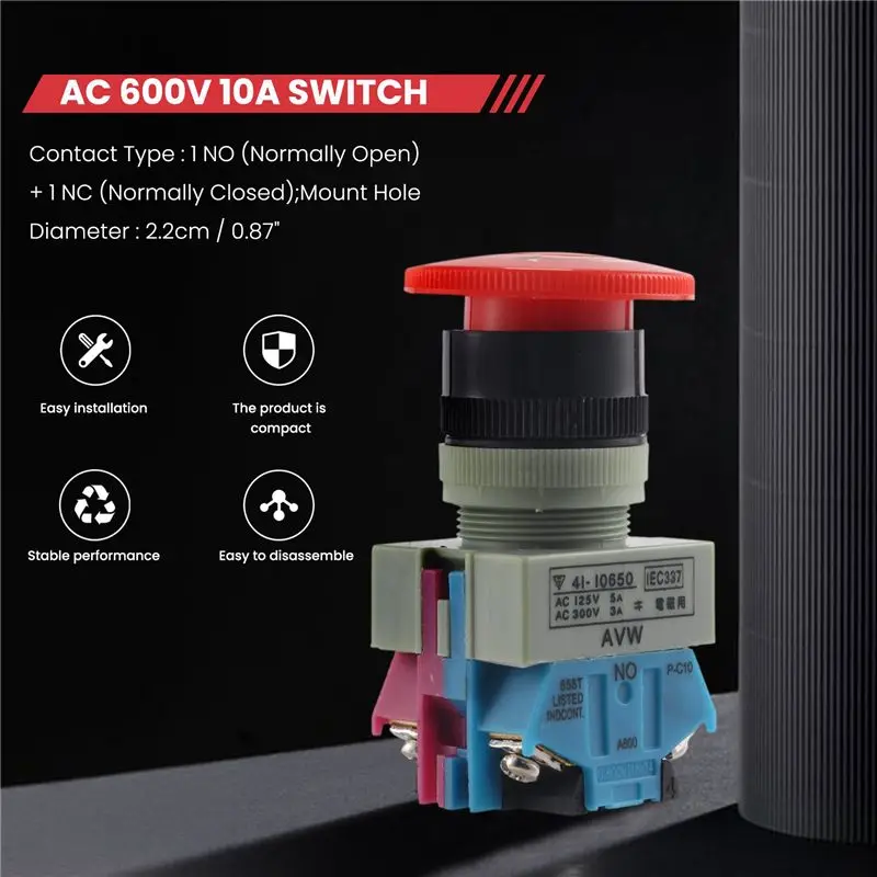 *N21R AC 600V 10A Red Mushroom Emergency Stop Push Button Switch 22mm NO NC