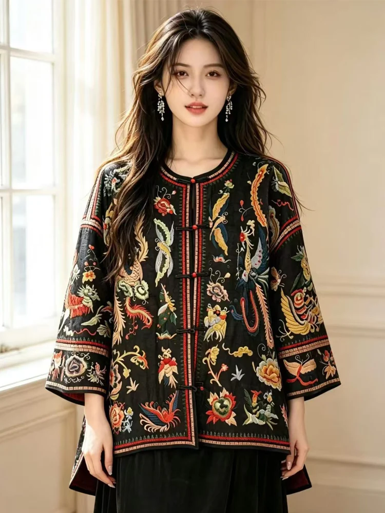 Spring and Autumn New Exclusive Design Phoenix Flower Embroidery Silk Fabric Exquisite Handmade Button High end Women's Coat