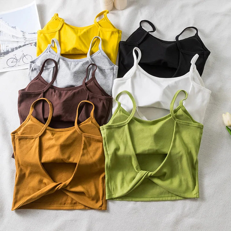 2022 Crop Tops Sexy Spaghetti Strap Tanke Top Women Built In Bra Off Shoulder Solid Color Sleeveless Camisole Ins Yoga Sport Bra