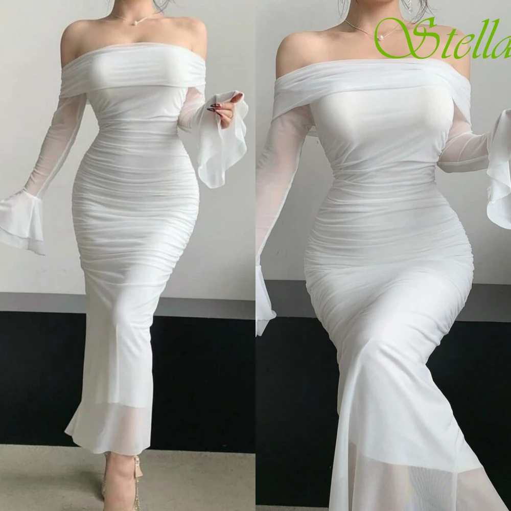 Robe de soirée élégante personnalisée, épaules dénudées, manches 3/4, transparente, en mousseline de soie, robes de bal de tempérament, robes de soirée de mariée