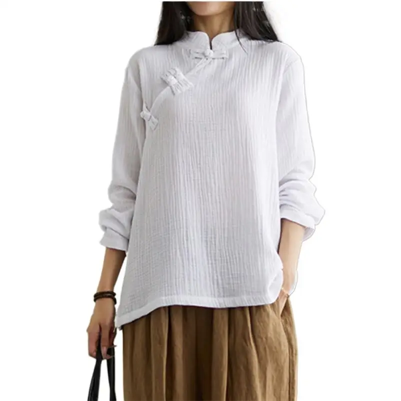 

Women Spring Chinese Knot Button Blouses 2025 Fashion Stand Collar Cotton Linen Tops Casual Solid Loose Full Sleeves Shirts