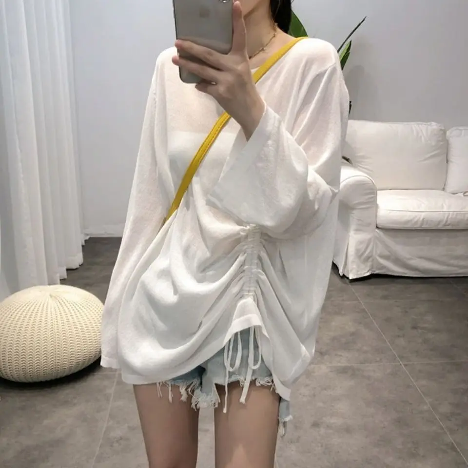 Fashion Sunscreen Tops Summer Solid Color Long Sleeve Pullovers 2024 New Shirring T-Shirts Hollow Out Sexy Women's Clothing