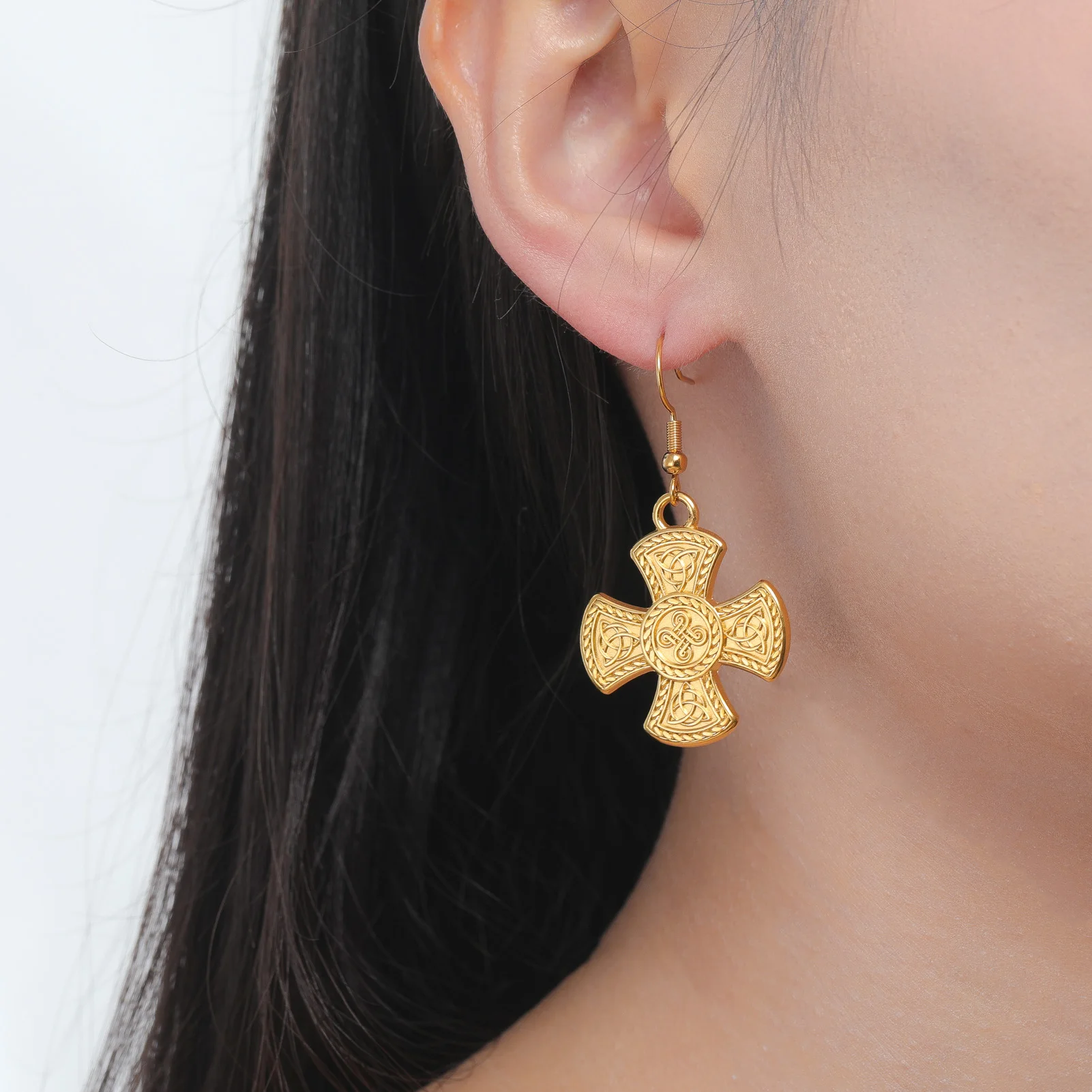 Four Arm Celtic Irish Knot Cross Drop Earrings Supernatural Amulet Gift For Women Men Gold Color Stainless Steel Party Jewelry - view 3