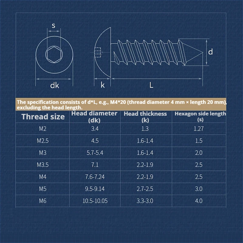 304 A2 Stainless Steel M2 M2.5 M3 M3.5 M4 M5 M6 Round Pan Head Hexagon Socket Self-tapping Screw Button Head Allen Screws