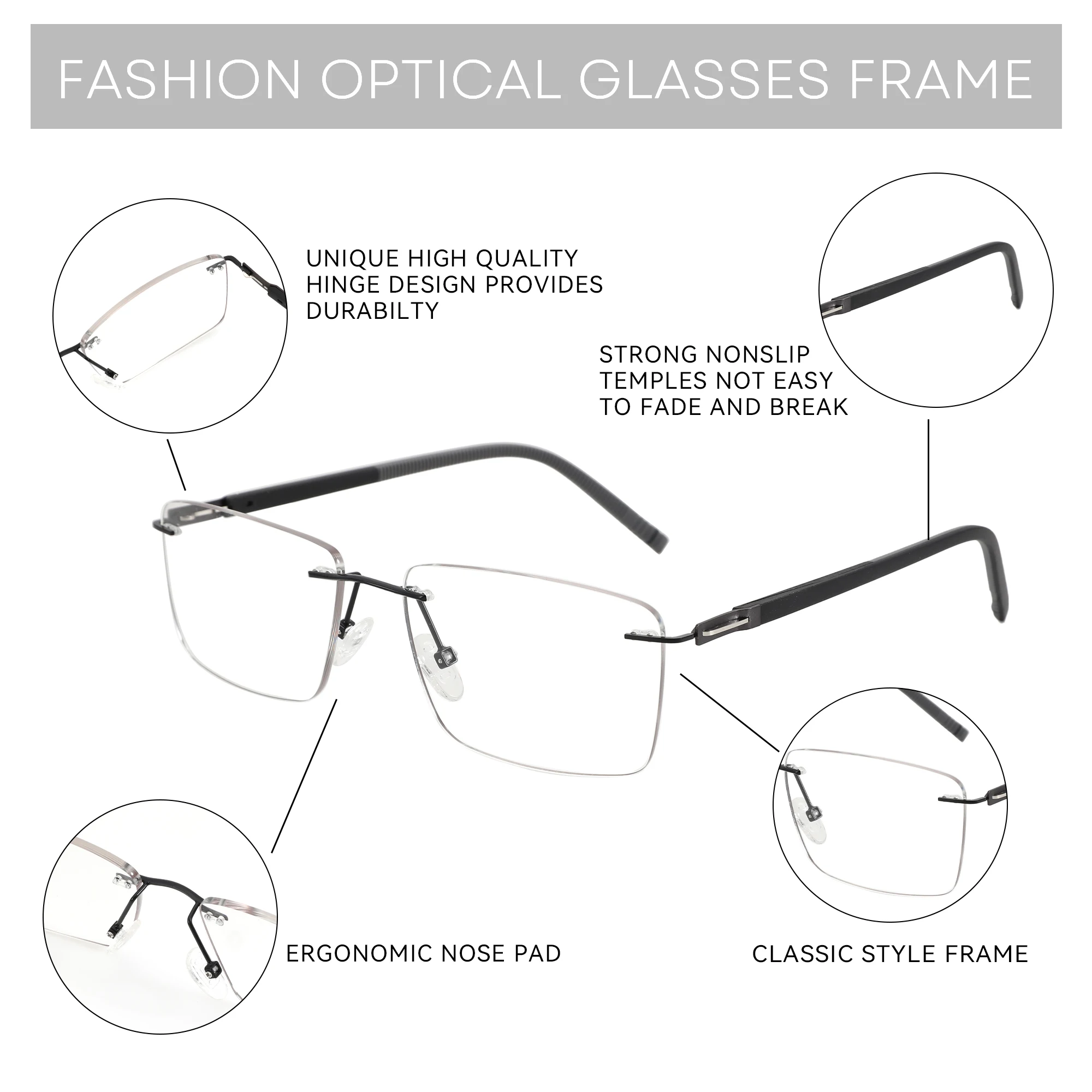 ブルーモキー ﻿ 高級金属長方形リムレス度付きメガネ、男性用近視光学眼鏡、プログレッシブアンチブルーライト