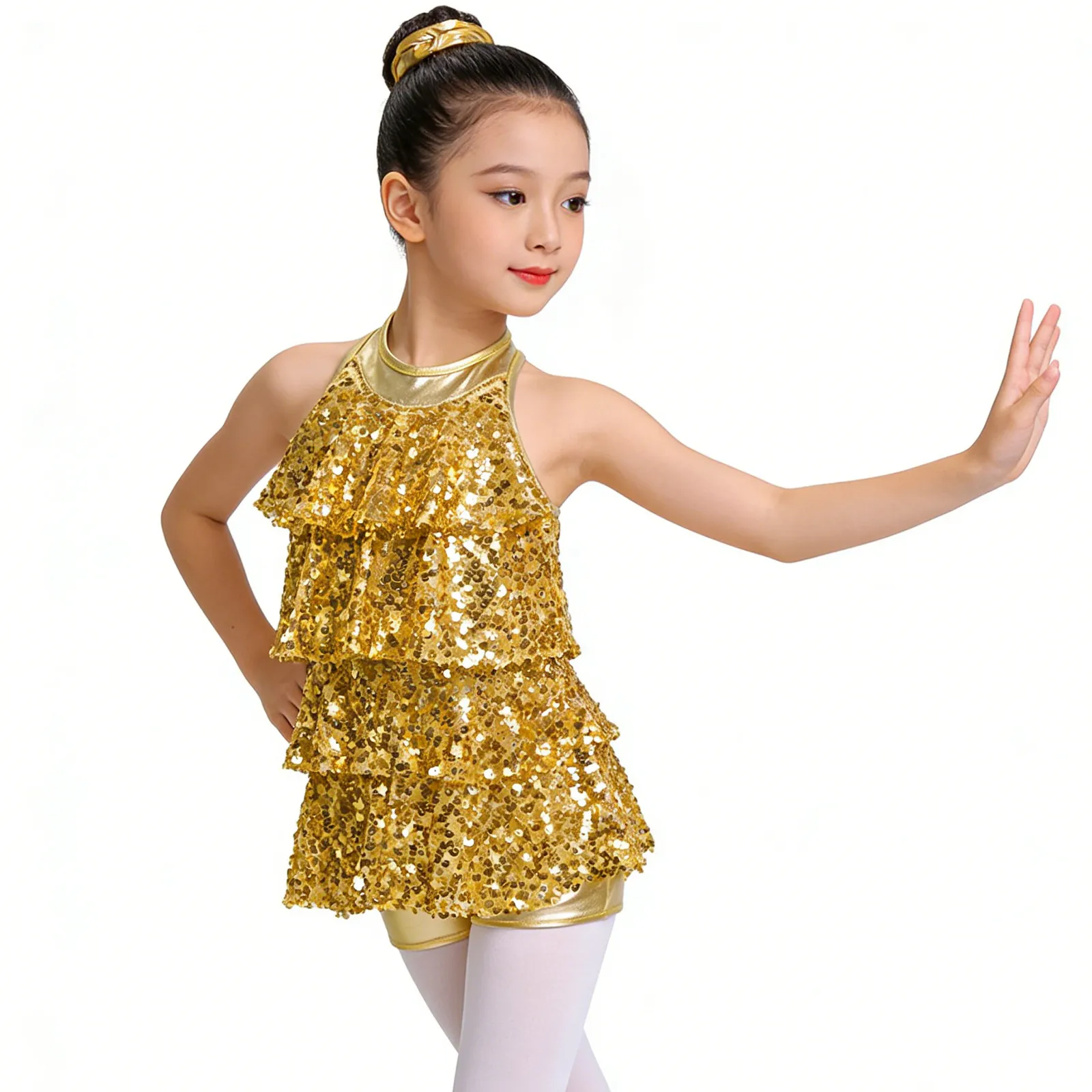 Kids Girls Shorty Unitard Dress Jazz Latin Dance Costume Halter Shiny Sequins Ruffles Leotard with Metallic Elastic Hair Band