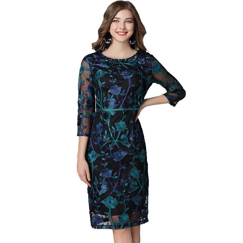 plus Size Embroidered Me Dr Casual Ele Sle Spring Autumn New Arrival Slimming Leisure Skirt Polyester Fiber Long D...