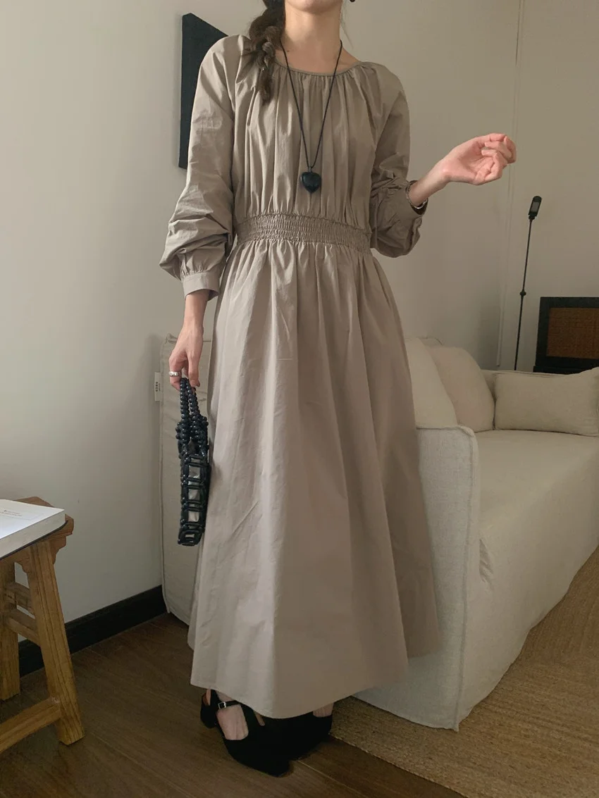 Alien Kitty Solid ฤดูใบไม้ผลิ Maxi ชุดผู้หญิงปิดเอวหลวม Vintage 2025 Chic Slim Minimalist Casual แขนยาวใหม่