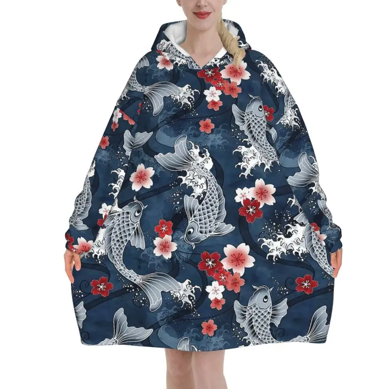 Koi Cherry Sakura Blossom Wearable Hoodie Blanket Women Flannel Oversized Pullover Sweatshirt Soft Cozy Fleece Sherpa Blankets
