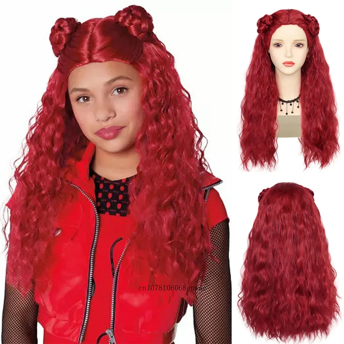 Synthetic Hair Red Halloween Cosplay Costume Wig with 2 Buns Long Wavy Curly Wig for Women Girls Anime Cartoon Themed Party Wigs