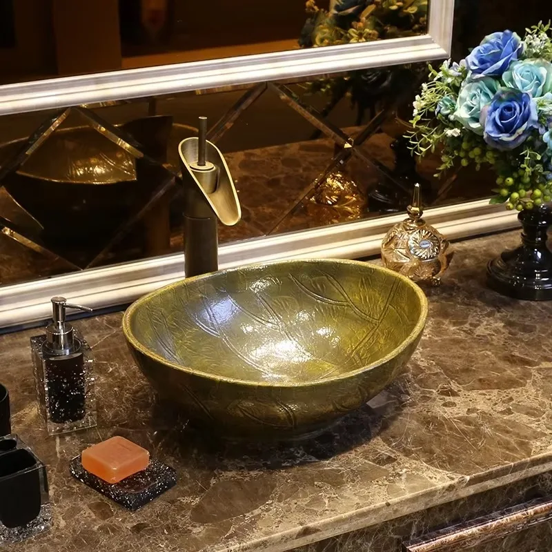 

Креативная ретро художественная керамическая раковина с листьями лотоса, умывальник для туалета, ванной комнаты, раковина для ванной комнаты, столешница