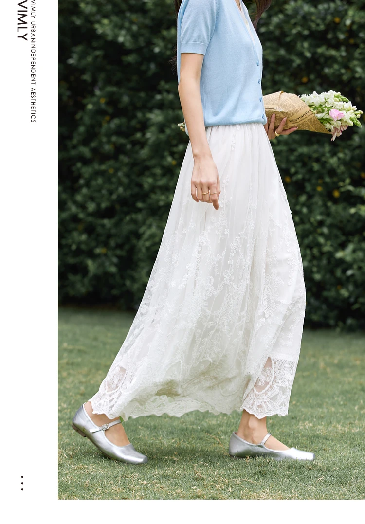 VIMLY Korean Fashion White Lace Skirt Women 2025 Summer Hollowed-out Lace 2025 Elegant Lady High Waist Swing Long Skirt A1392