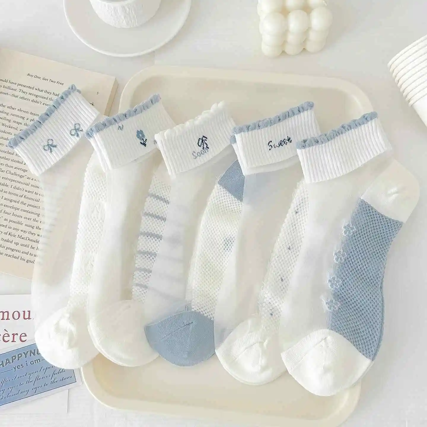 Blue Floral  Knot Crystal Silk Stockings Women's Cotton Bottom Short Socks Summer Thin Breathable Cute Sports Cashmere