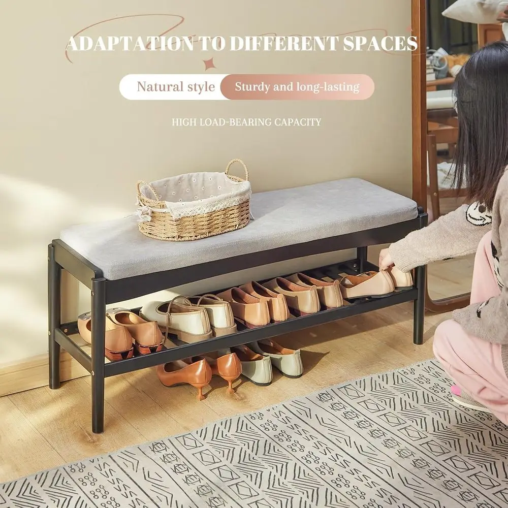 2-Tier Bamboo Shoe Rack with Cushioned Seat for Entryway, Hallway, Living Room, and Bedroom (Black-Gray, 39.4x11.4x16.5IN)