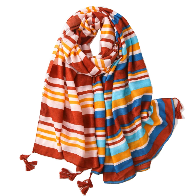 

2019 New Cotton Fashion Stripe Print Tassel Scarves Shawl Trendy Women Long Wrap Hijab Muffler