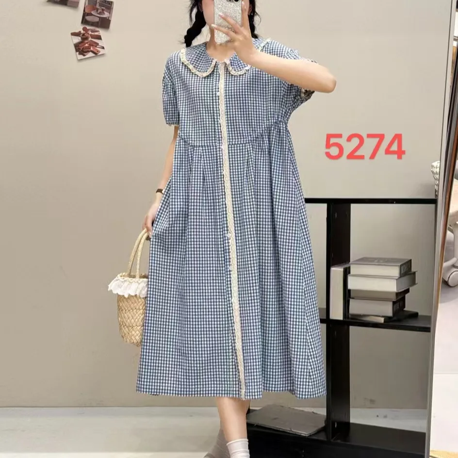 

Japanese Vintage Mori Girl Plaid Lace Patchwork Single Breasted Dress Women Summer Cute Peter Pan Collar Short Sleeve Midi Dress