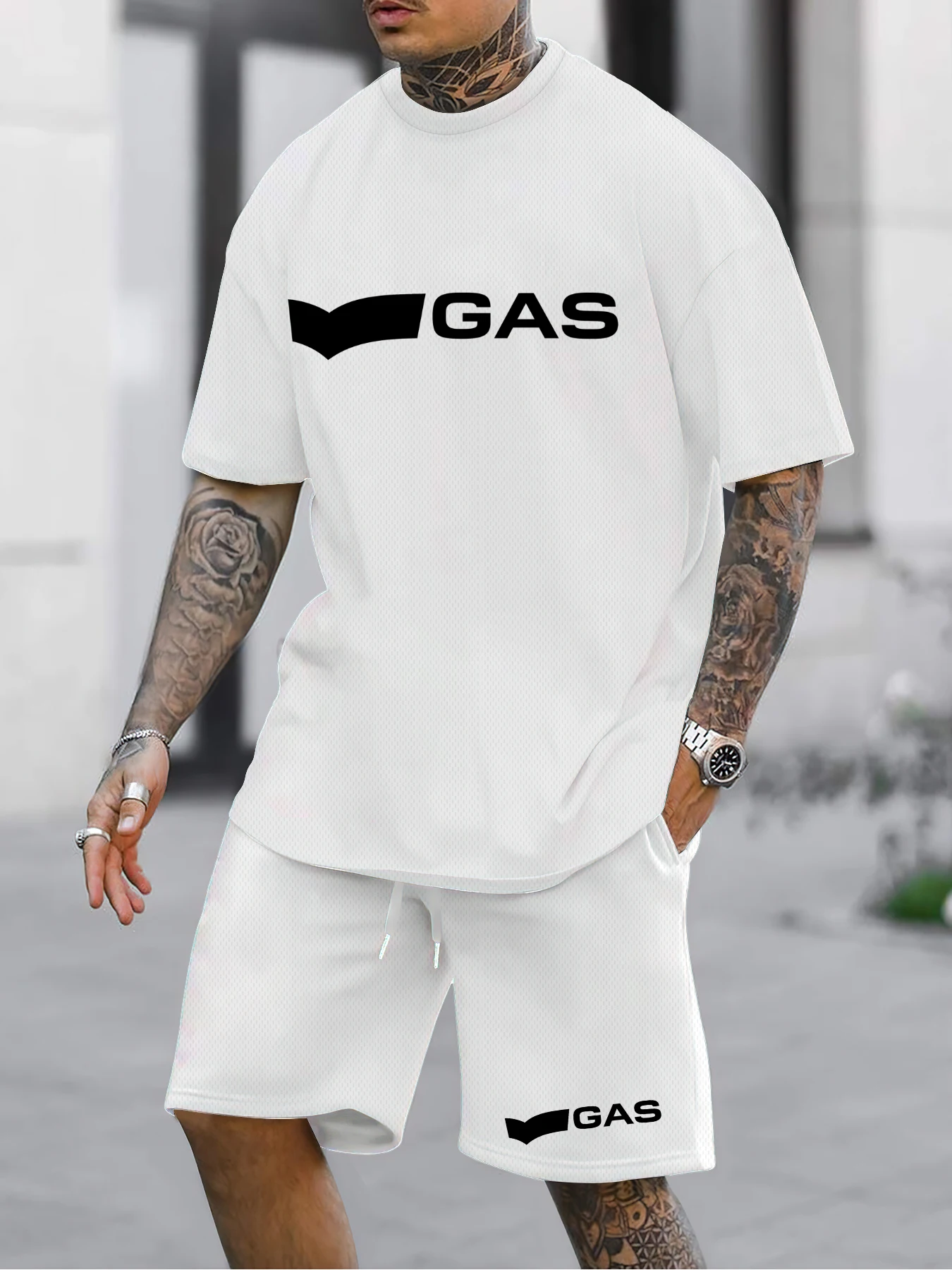 

Men's polyester GAS English sportswear, elegant and casual, round-neck short-sleeved set, slightly elastic knitted