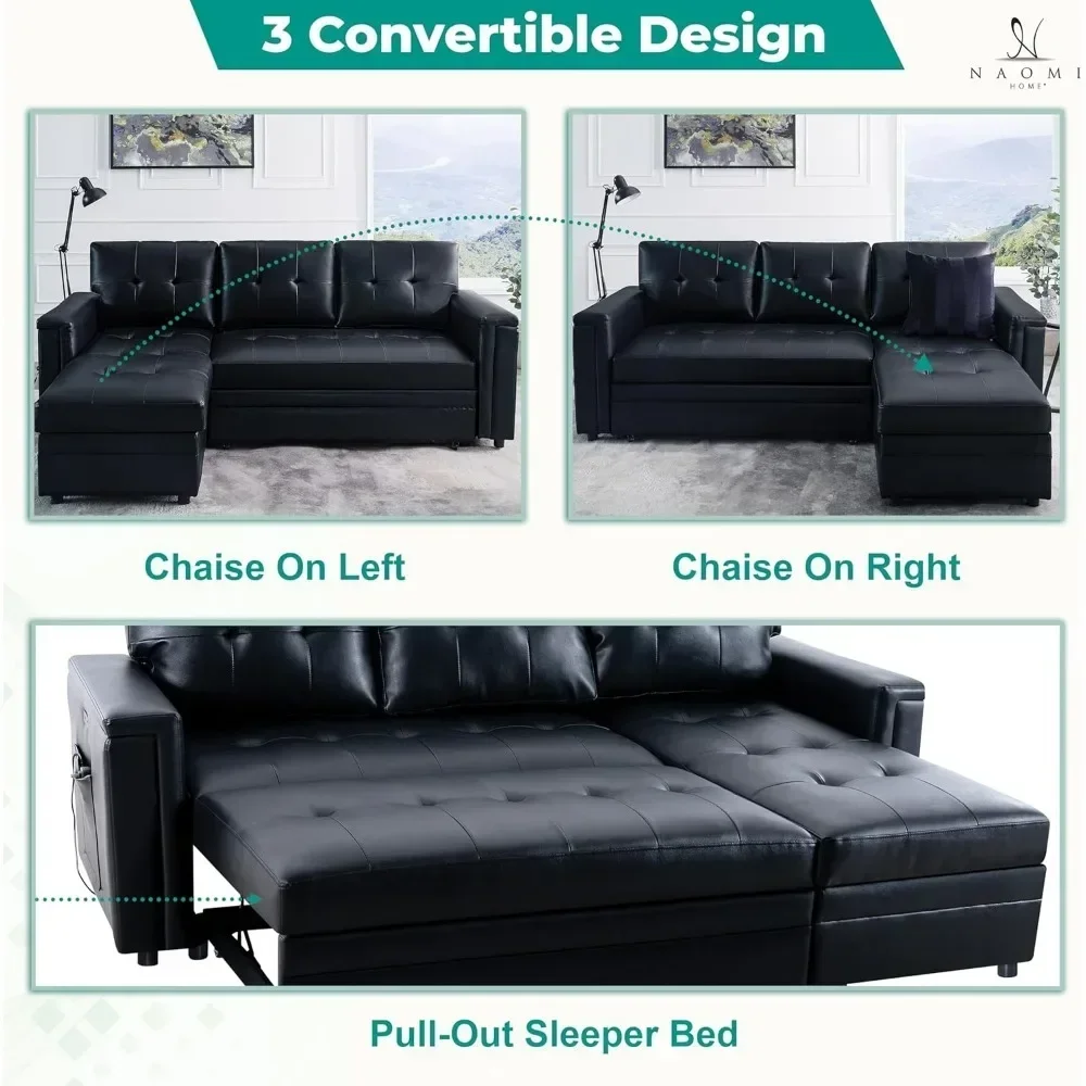 Sofa, Sectional Sleeper Sofa with USB Ports L Shaped Couch Convertible Pull-Out Bed, Ample Storage, Sturdy Construction, Sofa