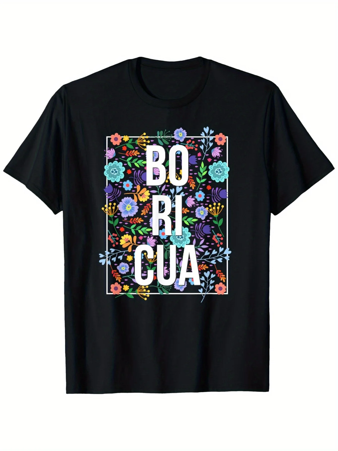 Boricua Latina Flowers Puerto Rican T-Shirt - 100% Round Neck Short Sleeve Casual Tee with Vibrant Floral Design, Perfect for Me