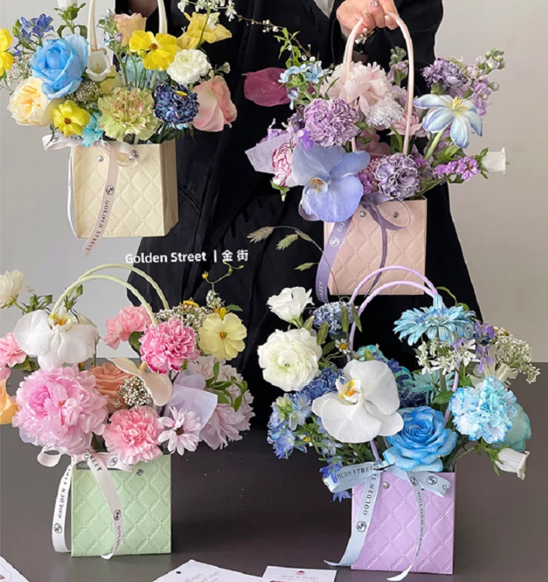 Portable Flower Box Kraft Flower Gift Bags with Handle Bouquet Rose Packaging Boxes Wedding Birthday Party Decorations Supplies