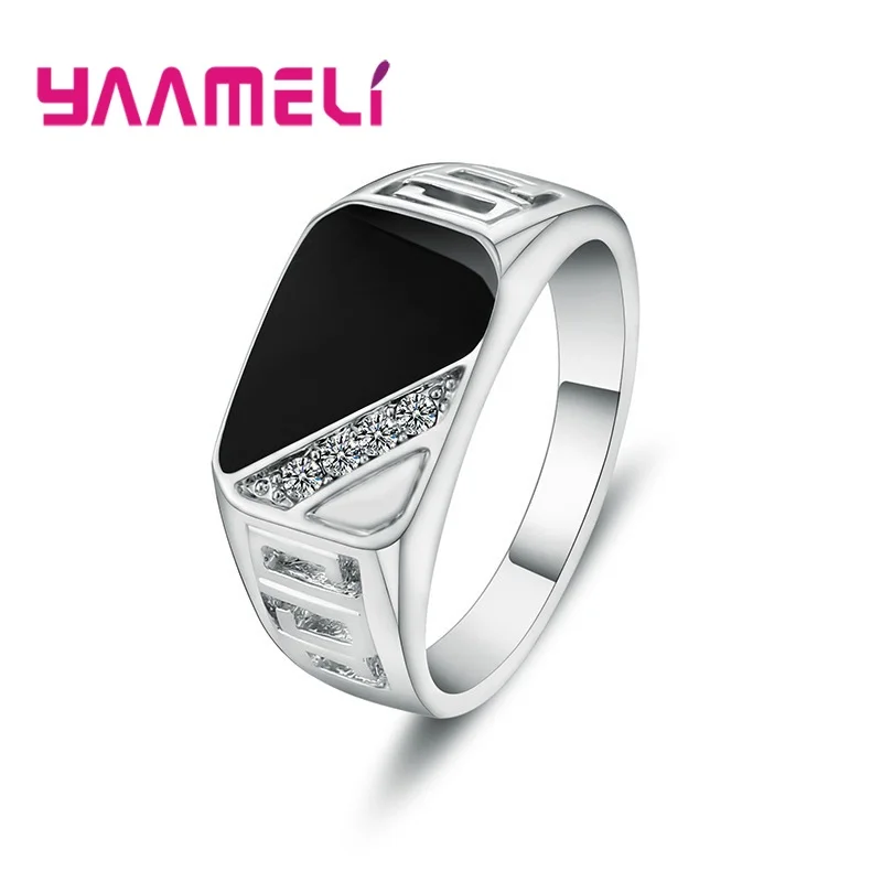 Classic Male Mens Wide Band Ring Unique 925 Sterling Silver Plated White Black Rhinestone Square Statement Hip Hop Jewelry