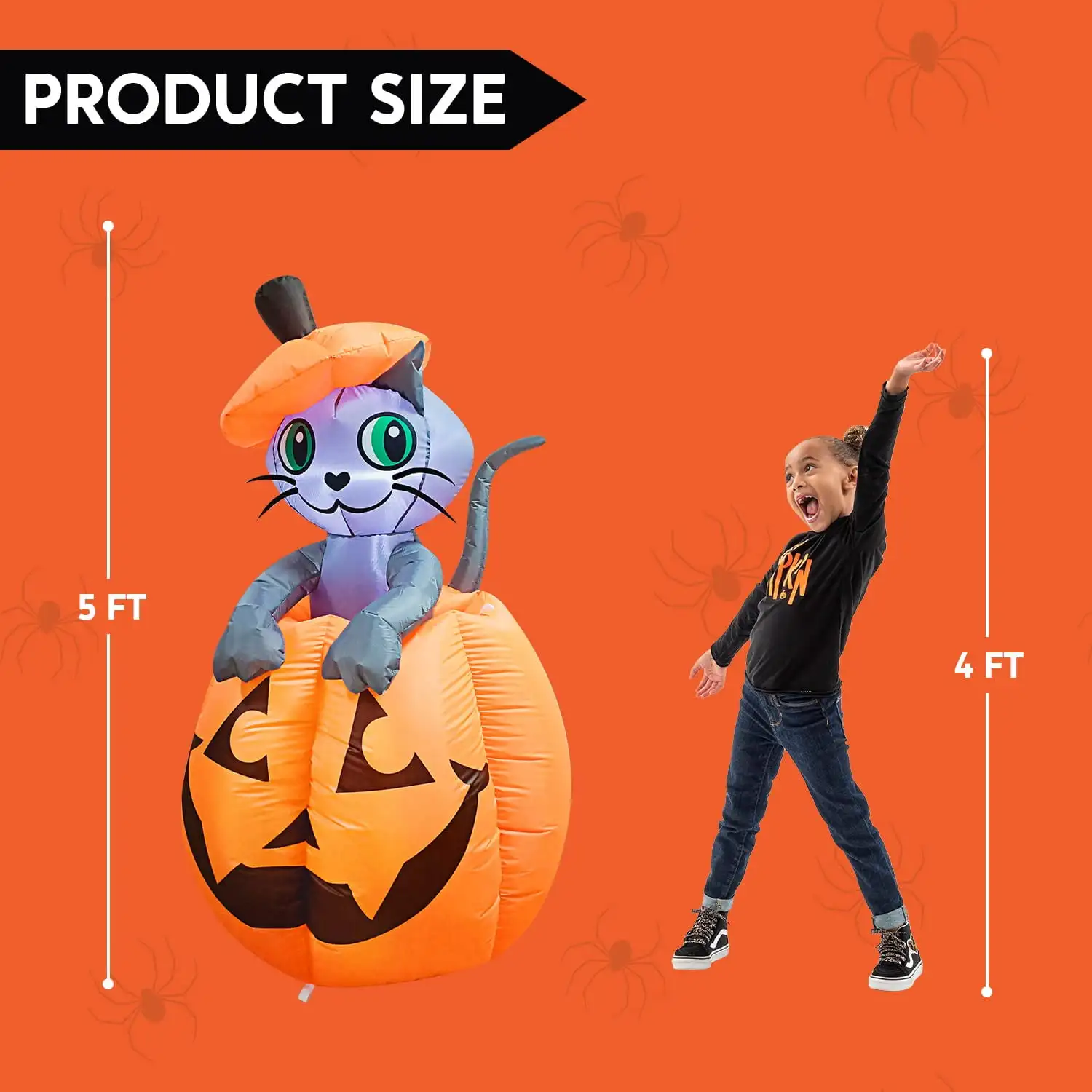 Joyfy 5 pieds animé Kitty chat Halloween gonflable sur citrouille décoration extérieure Halloween gonflable cour pelouse gonflable