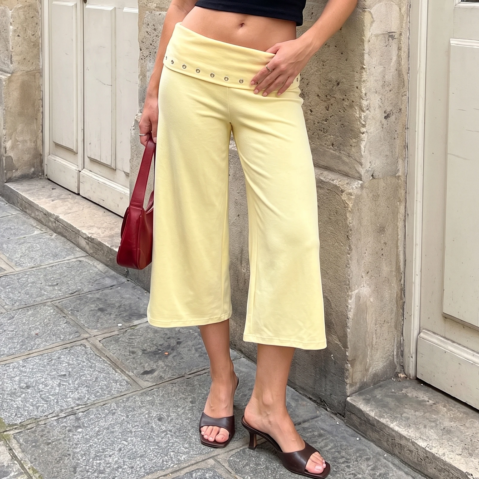Women's Summer Solid Color Wide Leg Capris Casual Loose Fit Fold Over Waist Cropped Pants