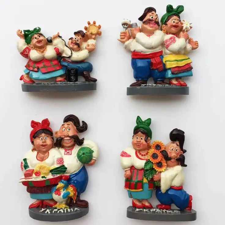 Ukraine Couple Folk Character 3D Resin Fridge Magnet Travel Souvenir Gift, Hand Painted Handicraft Home Decor Collection